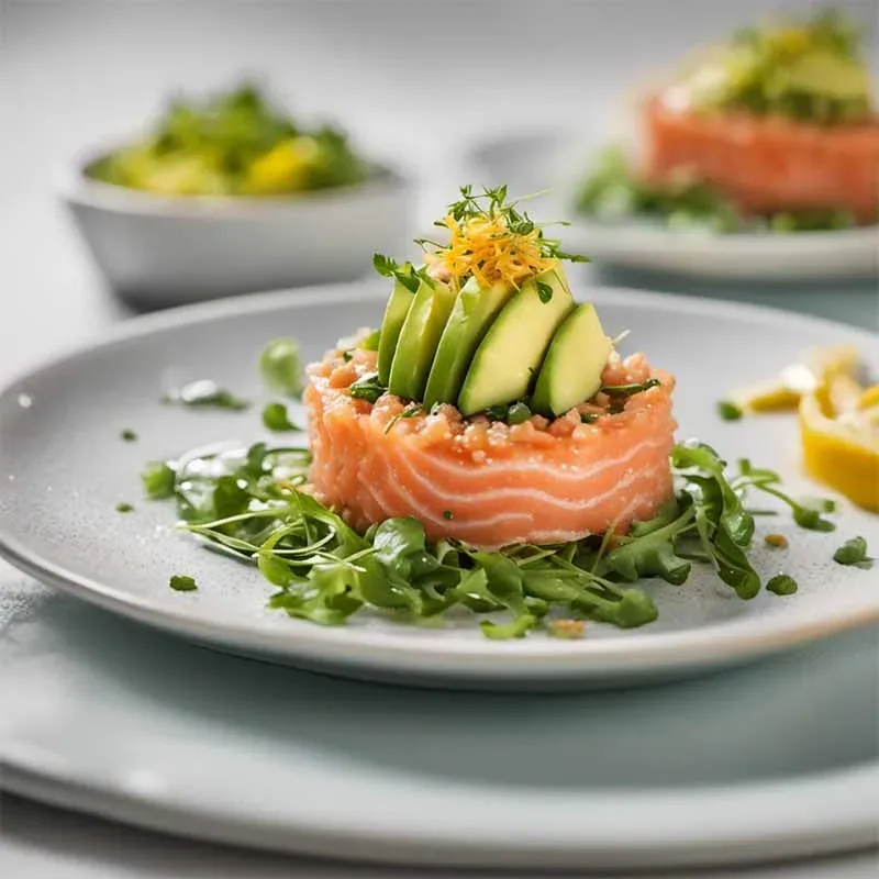 Tartare de saumon aux agrumes et avocat, sur un lit de roquette et une vinaigrette au yuzu.