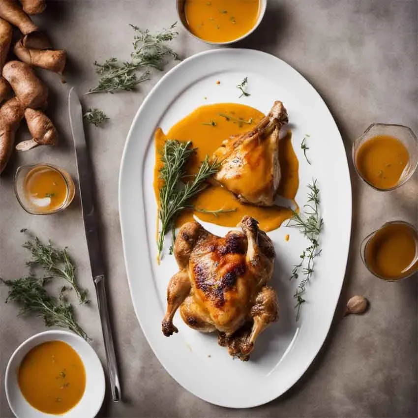 Poulet rôti aux herbes de Provence, accompagné d'une purée de patates douces et d'un jus réduit au thym.
